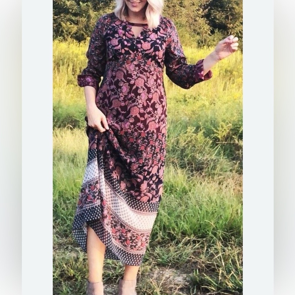 CABI M #3675 Festive Retro Flower mixed media woman polyester maxi dress boho